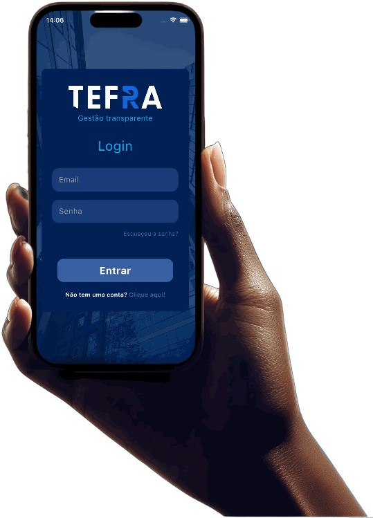 Mão segurando celular com a Tefra
